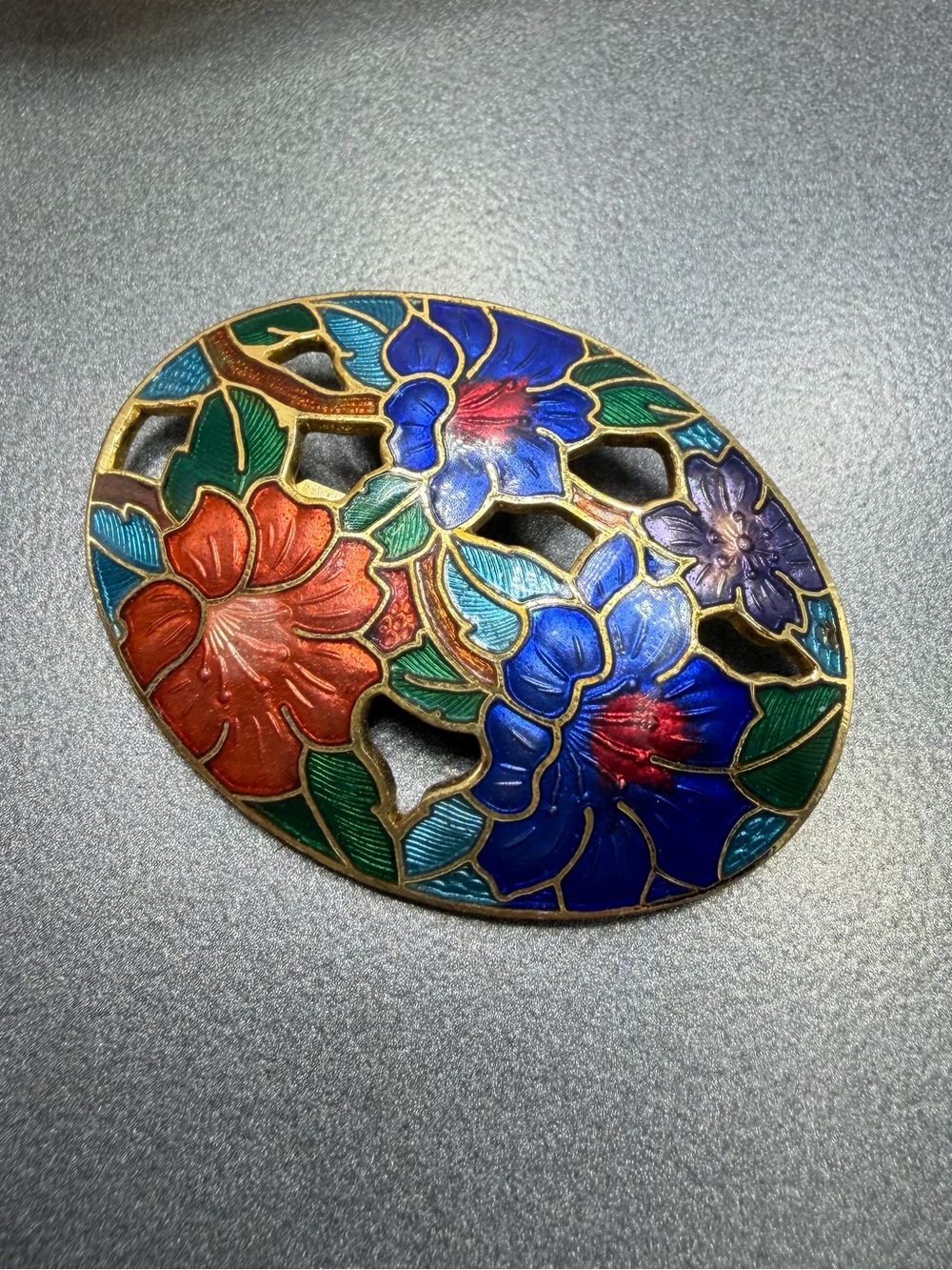 Vintage Cloisonné Floral Oval Brooch in Blue, Red & Green #158clo